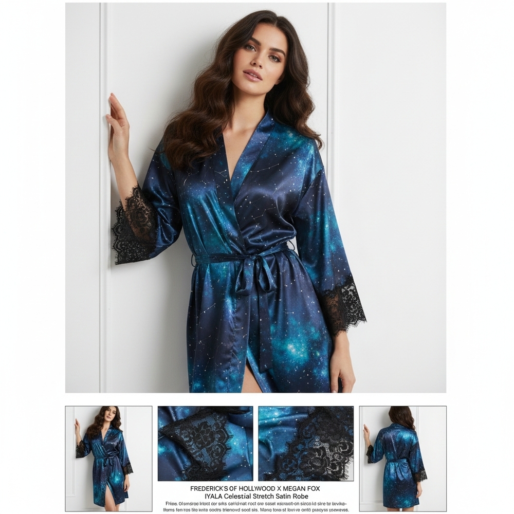 Nwt Frederick's of Hollywood x Megan Fox Iyala Galaxy Print Satin Robe Celestial
